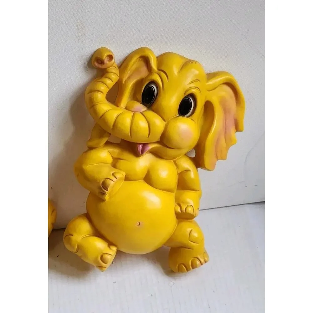 Vintage Homco Yellow Baby Elephant Wall Plaques Set Nursery Decor Retro 1970s